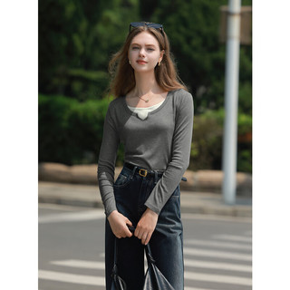 三彩2024秋季新款假两件T恤撞色拼接正肩上衣套头衫休闲简约女