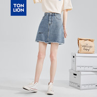 唐狮春夏半身裙女显瘦破洞毛边牛仔短裙小个子a字裙 中牛仔蓝 S