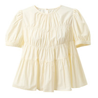 三彩2025夏季圆领泡泡袖纯棉小衫宽松娃娃衫衬衣气质M 鹅黄 S 155/80A