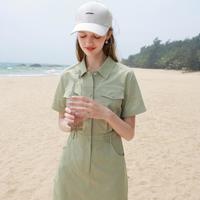 【2024夏季】仿牛仔连衣裙工装风短裙翻领简约收腰A字裙女M