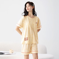 紫色花语带胸垫夏季睡衣女短袖短裤两件套睡衣女带胸垫家居服可外穿 乳白色 XL
