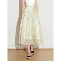 初语晕染艺术印花裙女2025春季松紧腰飘逸度假风中长半身裙 艾绿色 S