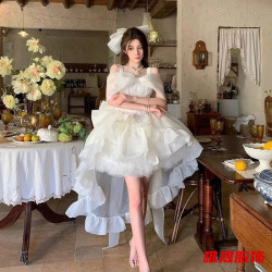 予瑾 拖尾连衣裙女初恋少女感成人礼抹胸生日小礼裙显瘦公主蓬蓬裙 浅杏色连衣裙+蝴蝶结+拖尾 M 165