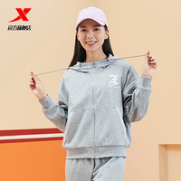 特步（XTEP）潮流外套女秋冬宽松针织连帽上衣 浅花灰 2XL