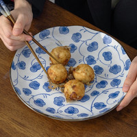 美浓烧 古染蓝绘9.5英寸大盘圆盘盘子菜盘家用餐盘饺子盘 菀花唐草(24.5*3.5cm)
