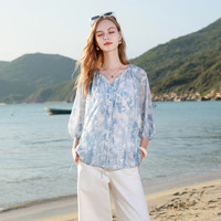 三彩2025夏季雪纺印花小衫系带七分袖宽松衬衫吊带两件套M