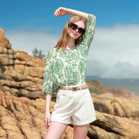 三彩2025夏季雪纺印花小衫系带七分袖宽松衬衫吊带两件套M 丛林绿花卉 L 165/88A