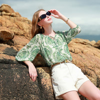 三彩2025夏季雪纺印花小衫系带七分袖宽松衬衫吊带两件套M 丛林绿花卉 S 155/80A