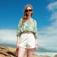 三彩2025夏季雪纺印花小衫系带七分袖宽松衬衫吊带两件套M 丛林绿花卉 M 160/84A