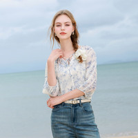 三彩2025夏季雪纺印花小衫系带七分袖宽松衬衫吊带两件套M 米白色花卉 M 160/84A