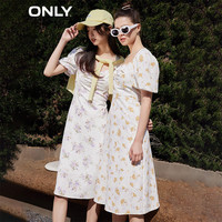 ONLY时尚满印泡泡袖中长款方领连衣裙女|123107025