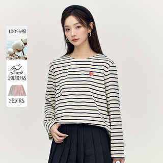 茵曼（INMAN）纯棉撞色条纹长袖T恤女2025春秋款时尚宽松慵懒舒适上衣 蓝条 L