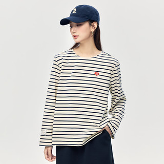 茵曼（INMAN）纯棉撞色条纹长袖T恤女2025春秋款时尚宽松慵懒舒适上衣 蓝条 L