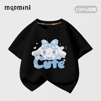 MQDMINI童装女童短袖T恤儿童纯棉半袖体恤衫卡夏装女孩卡通圆领上衣 黑色萌兔 130