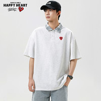 查尔斯桃心 美式拼色格子短袖Polo衫男女夏季宽松休闲翻领T恤 M 天蓝