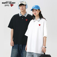 查尔斯桃心 美式拼色格子短袖Polo衫男女夏季宽松休闲翻领T恤 S 白色