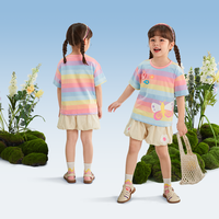 女童短袖t恤儿童彩虹圆领衣服夏小童打底夏装甜美5岁宝宝条纹上衣