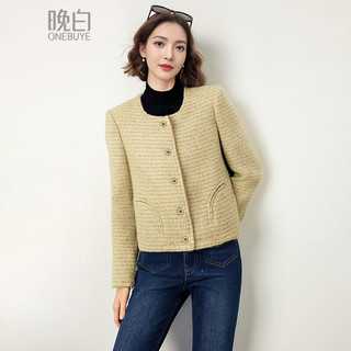 晚白2025春款时尚简约小个子穿搭外套纯色绵羊毛短款小香风外套女 浅黄色 L