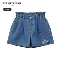 TeenieWeenie Kids小熊童装25年春夏新女童薄款纯棉花苞牛仔短裤 中蓝色