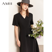 AMII夏季新款纯色通勤连衣裙女时尚气质V领A字裙修身显瘦裙子