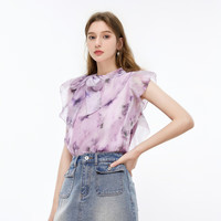 秋水伊人H型立领飘带领雪纺衫2025夏季新款女休闲简约百搭短上衣 紫色 M