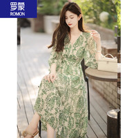 罗蒙（ROMON）连衣裙女装春夏季2024年韩版时尚收腰显瘦小清新花园碎花裙子 绿色 L