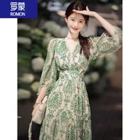 罗蒙（ROMON）连衣裙女装春夏季2024年韩版时尚收腰显瘦小清新花园碎花裙子 绿色 M