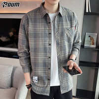 POUM格子衬衫外套男士春秋款长袖休闲衬衣男装潮牌