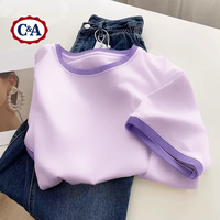 C&A纯色短袖T恤女夏季2025休闲设计感撞色圆领软糯针织衫上衣 薄荷绿 M