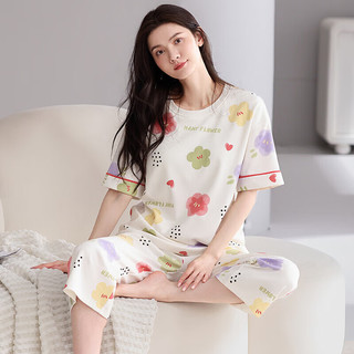 芬腾睡衣女款夏季薄款纯棉短袖套头大码宽松夏天可外穿家居服套装 FX26921968【短袖七分裤丨女】 M :女92-110斤