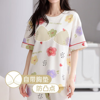 芬腾睡衣女款夏季薄款纯棉短袖套头大码宽松夏天可外穿家居服套装 FX26921968【短袖七分裤丨女】 M :女92-110斤