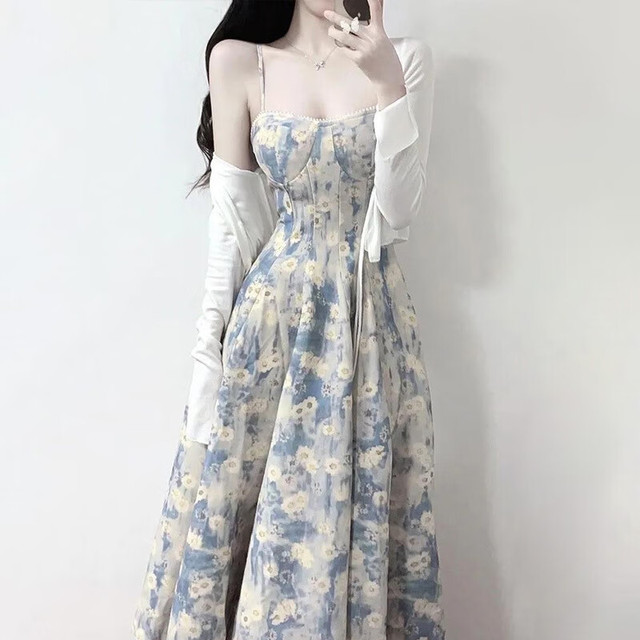 FOURDATRY 法式蓝油画连衣裙夏季新款仙女碎花收腰吊带裙