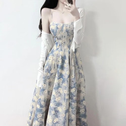 FOURDATRY 法式蓝油画连衣裙夏季新款仙女碎花收腰吊带裙
