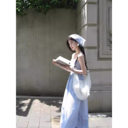 FOURDATRY 法式蓝色格子吊带连衣裙子女夏季2025新款海边