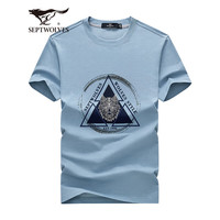 七匹狼短袖T恤男夏季薄款凉感透气短T男狼头印花圆领打底衫时尚男装上衣 103(灰蓝) 2XL 185