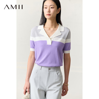 AMII2024夏新款西装领拼色仿亚麻短袖毛针织衫女宽松上衣设计感