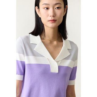 AMII2024夏新款西装领拼色仿亚麻短袖毛针织衫女宽松上衣设计感