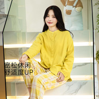 宜色家双层纱织100%纯棉春夏季中国风家居服全棉睡衣男女士国潮立领套装 中式双层纱立领套装 女款盐系格黄 L (女140斤)或(男170斤)