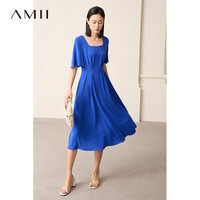 AMII2023夏新款极简纯色方领短袖修身大A裙摆雪纺连衣裙女
