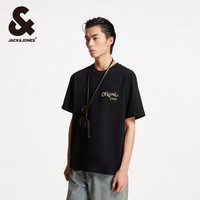 【重磅棉】杰克琼斯男装2025年夏季复古法斗印花短袖男款T恤宽松 170/92A/S A06本白色