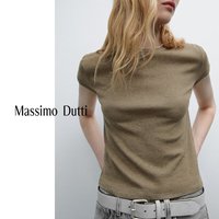 Massimo Dutti新品特惠2025女装美式简约基础款拼接罗纹纯棉T恤短袖06234518