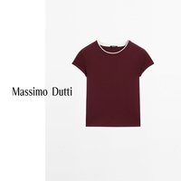 Massimo Dutti特惠2025女装美式简约基础款拼接罗纹纯棉T恤短袖06234518 酒红色 XL