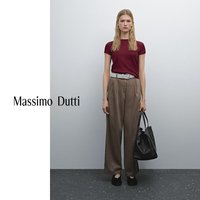 Massimo Dutti特惠2025女装美式简约基础款拼接罗纹纯棉T恤短袖06234518 酒红色 XS