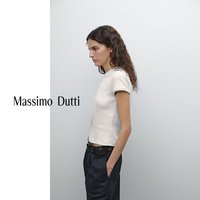 Massimo Dutti特惠2025女装美式简约基础款拼接罗纹纯棉T恤短袖06234518 米白色 S
