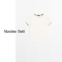 Massimo Dutti特惠2025女装美式简约基础款拼接罗纹纯棉T恤短袖06234518 米白色 XS