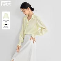 春秋装优雅V领减龄木耳领打揽肩部袖口女式长袖衬衫