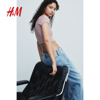 H&M女装T恤春季简约内搭打底短袖低潮流圆领罗纹修身短款上衣1212806