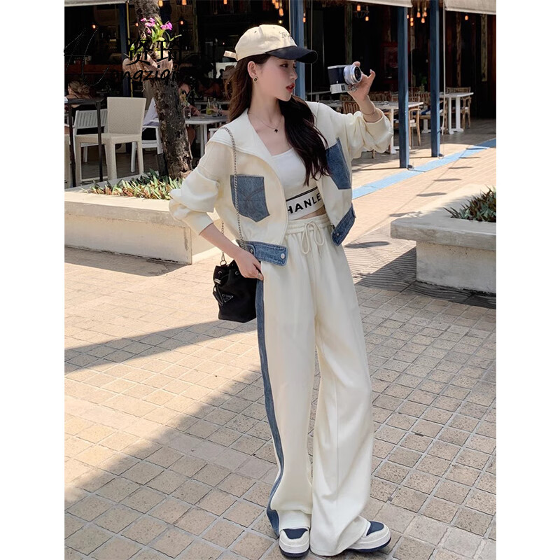 宏资琦休闲裤女装2025春季新款减龄开衫衣服时尚拼接牛仔休闲运动套装女