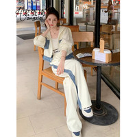 宏资琦休闲裤女装2025春季减龄开衫衣服时尚拼接牛仔休闲运动套装女 黑色 L