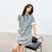 加末 Jamor 新中式牛仔连衣裙2025年春季新款时尚花纹重工丹宁风旗袍裙